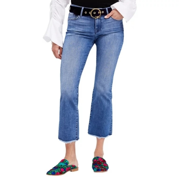 Free People Straight Leg Mid Rise Raw Hem Cropped Blue Jean | Women's Size 25 - Picture 2 of 12